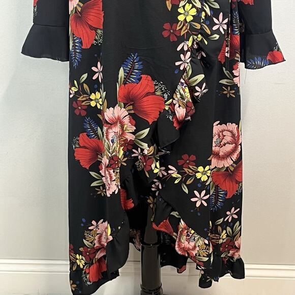 Boohoo Wrap Dress Plus size 16 Black Red Floral Ruffles Modest Wedding Church - Picture 6 of 13